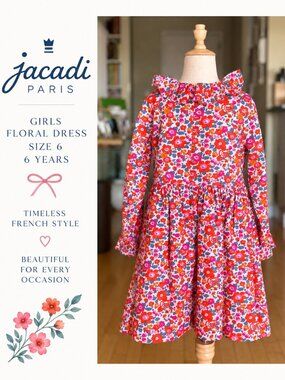 Jacadi Paris Girls Floral Liberty Dress 6Y | Ruffle Collar | Long Sleeve